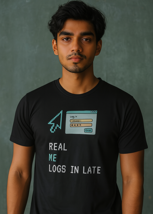 Person wearing a black t-shirt with a graphic and text against a dark background
